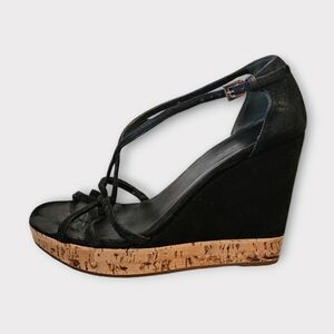 Prada Black Suede Cork Platform Wedge Strappy Sandals